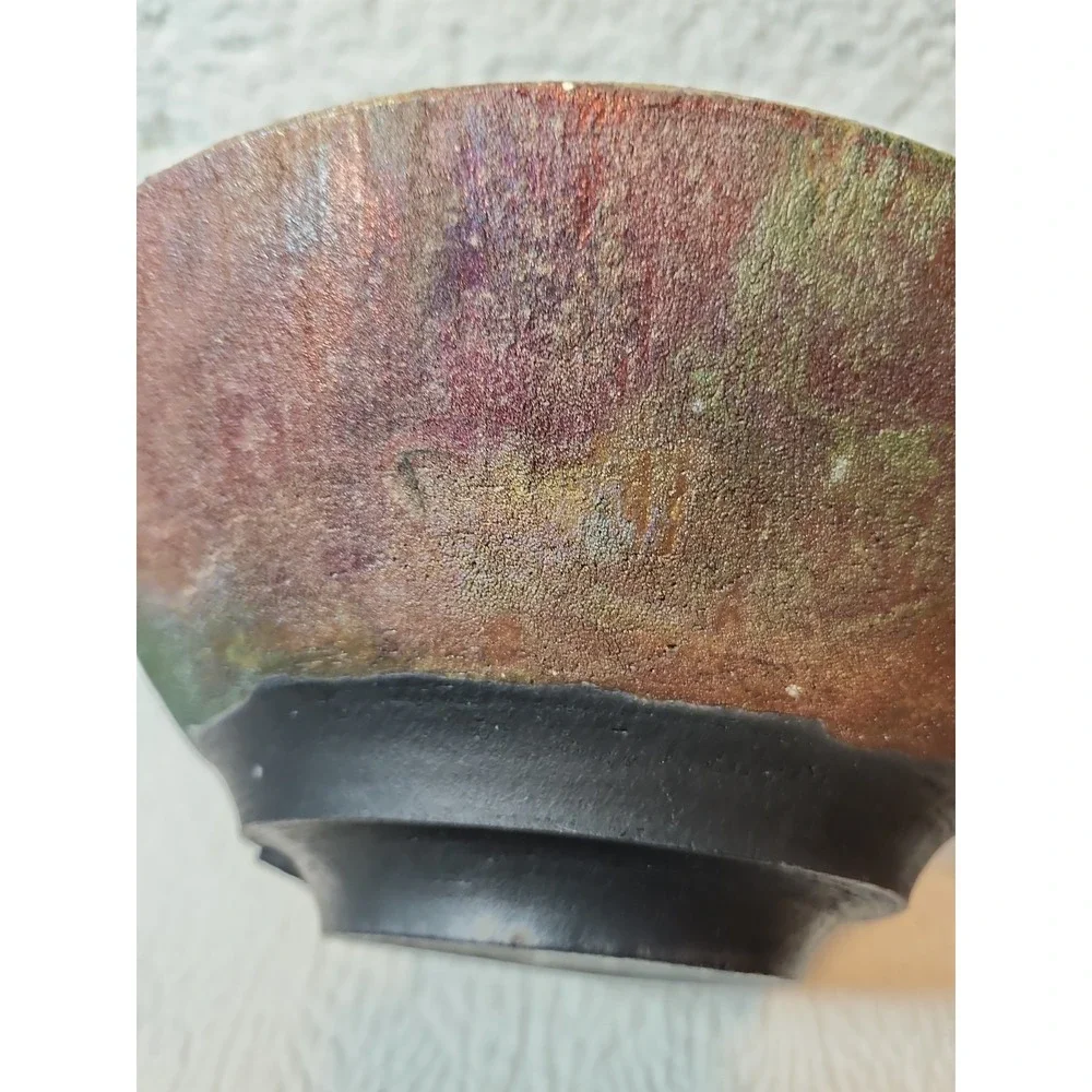 Large Raku Fired Centerpiece Bowl. Copper and Green Hues. Makers Mark. 9